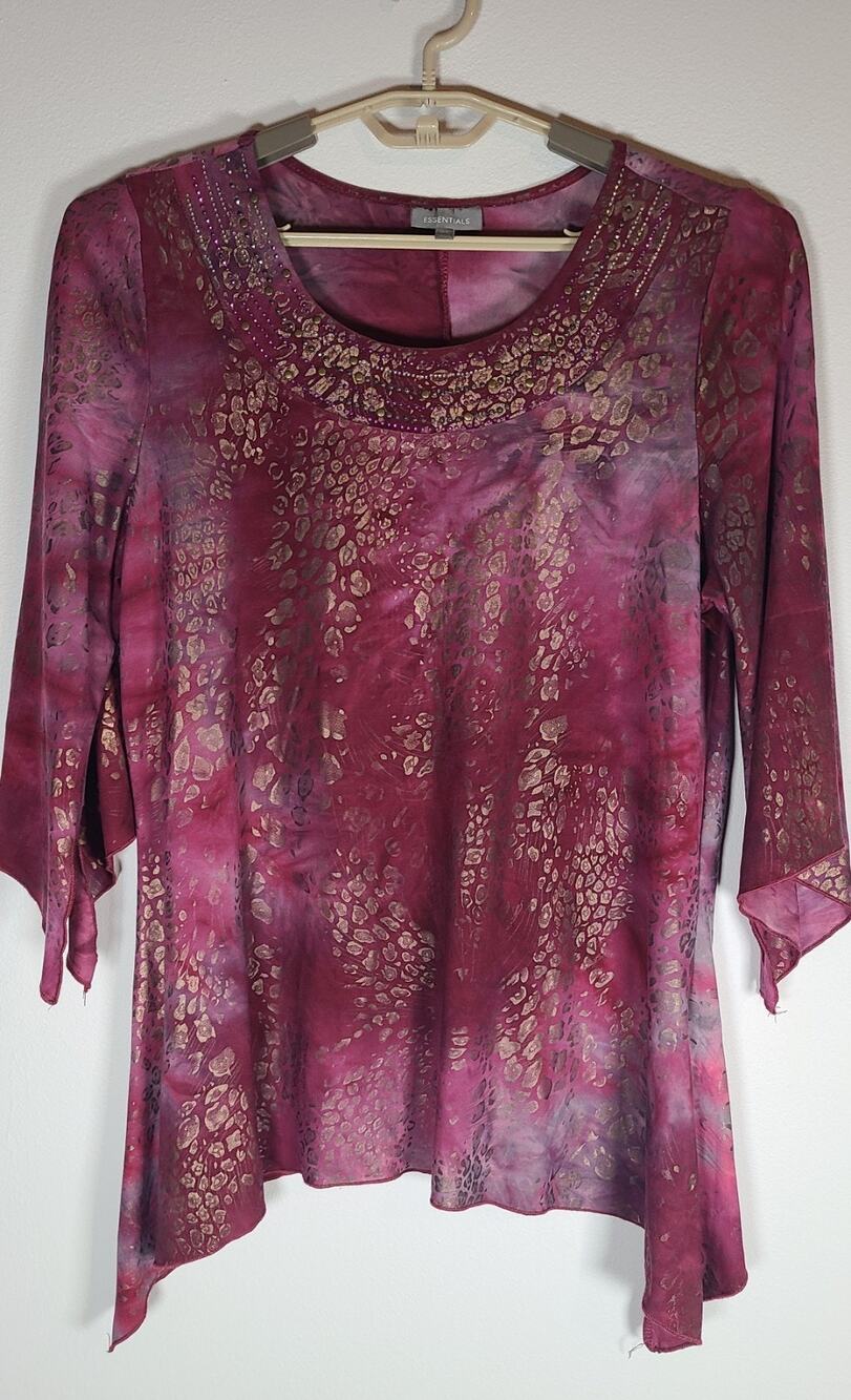 ESSENTIALS Blouse Women's 16/18 Tye Dye Bell Slit Sleeve Boho Leopard Rhinestone
